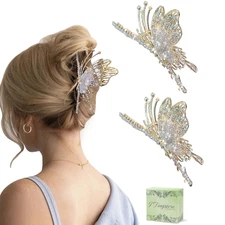 Butterfly Hair Claw Clips for Women, 2Pcs Rhinestone Large Non-Slip Strong