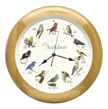Audubon Society Singing Bird Hanging Wall Sound Clock, Oak Wood Frame, 13"