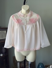1950 PINK CHIFFON CROPPED BED JACKET LINGERIE ROGERS SIZE 34 EMBROIDERED FLOWERS