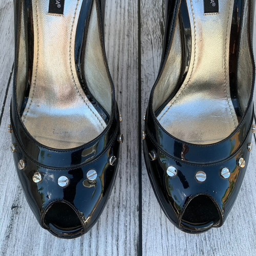 Dolce & Gabbana Black Patent Leather Studded Embellished Peep Toe Pumps Size 7.5 - Picture 4 of 9