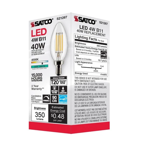 Satco S21267 - 4 Watt B11 LED E12 Clear Light Bulbs - 4000K (2, 6 or 24 Pack) - Picture 8 of 13