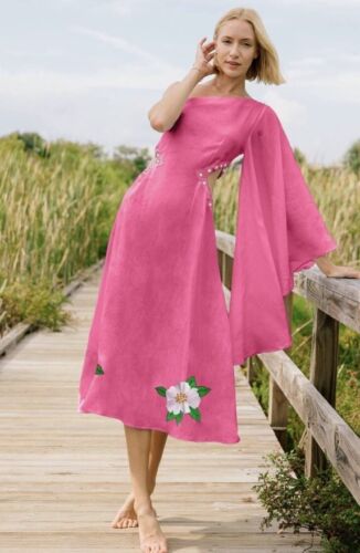 Fanm Mon Amarya One-Shoulder Bell Sleeve Side Cut Out Floral Embroidered Dress