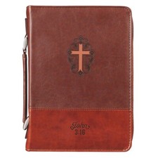 Bible Cover-Cross/John 3:16-Two-Tone Brown Faux Leather-Medium