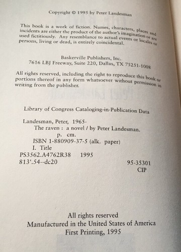 Peter Landesman / Raven (1995 HC) 1st Edition/1st Printing Collectible-READ! - Imagen 2 de 12