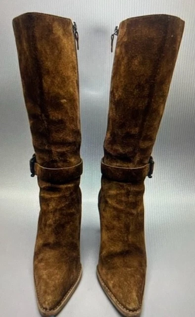 Bottes authentiques Gucci en daim marron milieu mollet talon moyen avec boucle taille 6