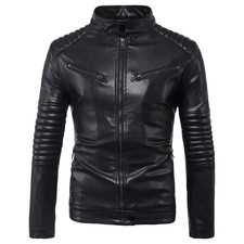 Men Stand Collar Fashion Slim Fit Jacket Pu Leather Zip Coats Street Coats