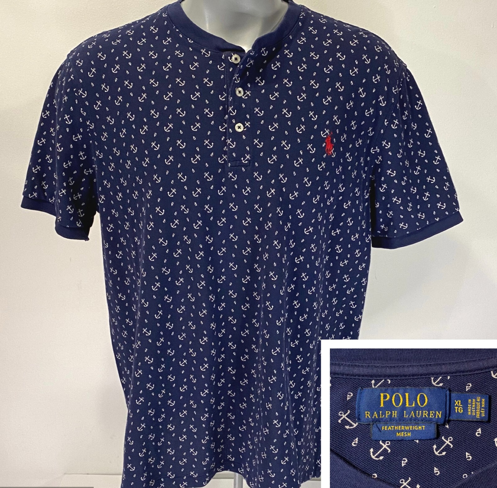 Polo Ralph Lauren Featherweight Mesh XL Henley Shirt All Over Nautical Anchor