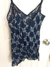VTG FREDERICKS OF HOLLYWOOD Blue Sheer Lace TEDDY Top LINGERIE Sz Med Strappy