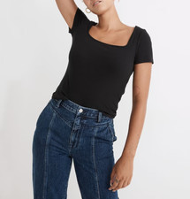 MADEWELL WOMEN'S TRUE BLACK SHORT SLEEVE RIBBED SQUARE-NECK CROP TEE TOP Sz XXS