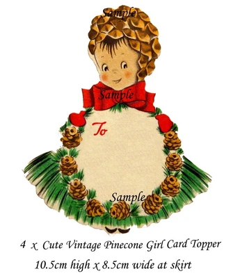 Vintage Christmas Retro Cute Pinecone Girl 1950's Image 4 x Craft Card Topper - image 1 of 3