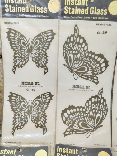 6 Vtg Decorcal Self Self Adhesive Stain Glass Gold Butterflies, Key & Squares - Picture 2 of 8