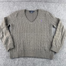 Ralph Lauren Sport Sweater Womens Large Gray Cable Knit V-Neck Pony Cotton