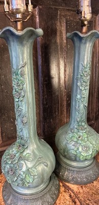 Pair of Large Vintage MCM Textured Floral Relief Turquoise Composite Table Lamps