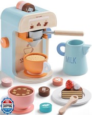 Tiny Land Kids Coffee Maker Wooden Kitchen Toys - 17Pcs Toy Coffe