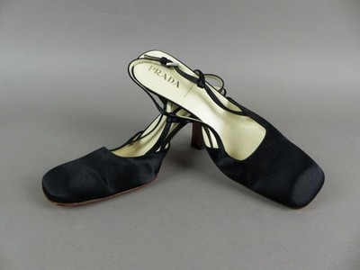 Prada Damen Satin Pumps Gr. 36,5 schwarz Karree Slingback elegant (19590)