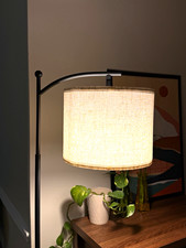 Black Metal Arm Table Lamp, Beige Drum Fabric Shade, Corded Wall Switch