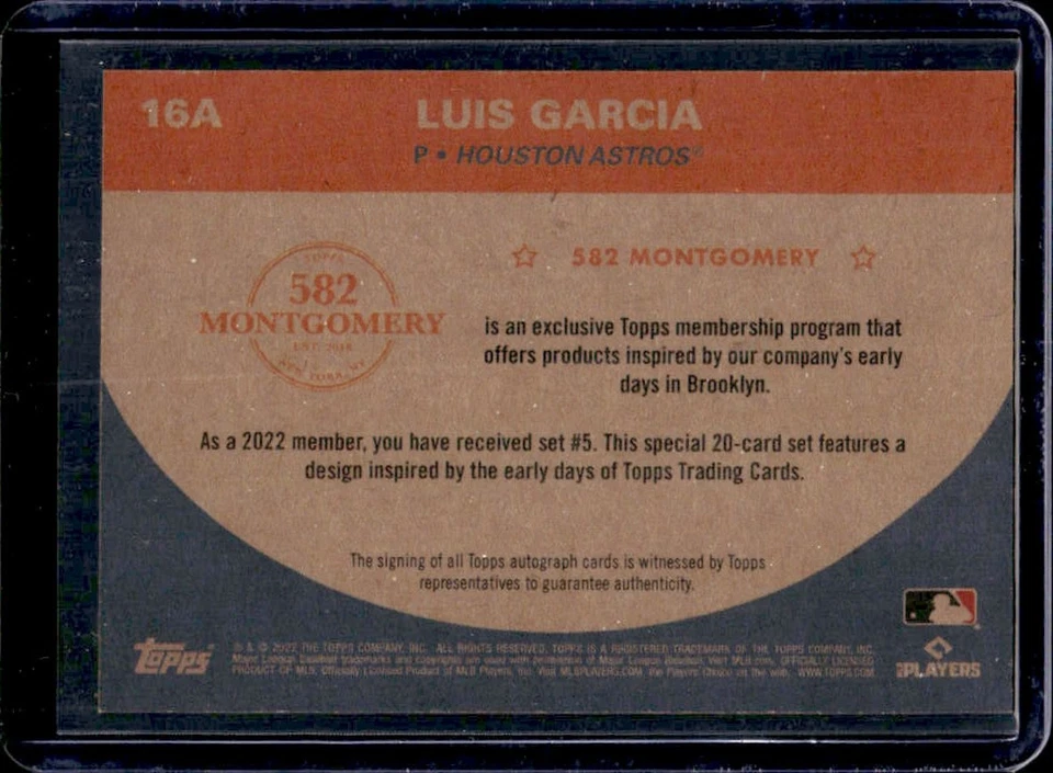 2022 Topps 582 Montgomery Club Set 5 Luis Garcia Auto #16A Astros - Image 2 of 2