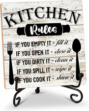Rustic Wood Plaque with Stand - Kitchen Decor - Kitchen Rules Wood Sign - Idea W