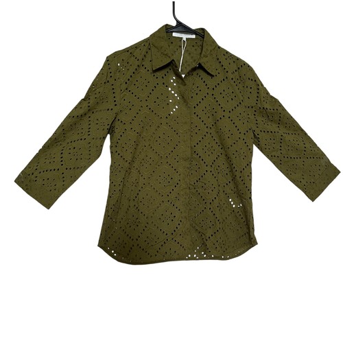 Camisa Zara ZW Collection Bordada Ojales Verde Oliva 100% Algodón Talla XS - Imagen 5 de 11