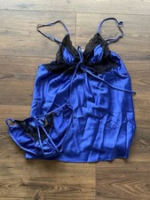 Victoria's Secret Women's Satin  Lace Royal Blue Babydoll Chemise Set Size S