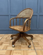 Vintage Windsor Style Solid Oak Cane Back Captains Swivel Desk Chair