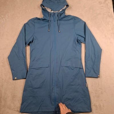 Regenjacke Damen XS blau lang Kapuze wasserdicht Regenmantel minimalistisch