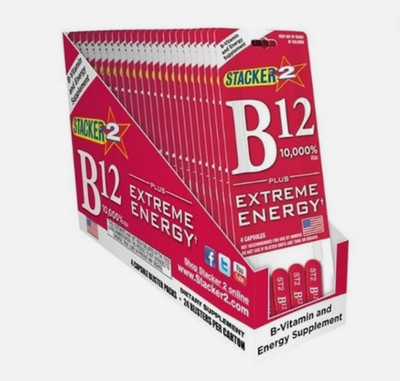 Genuine Stacker B12 Extreme Energy 4/Card (Lot of 24 Cards)= 96 Capsules B12 96