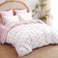 Bow Comforter Set Queen Size Pink Striped on White Comforter 3 Pieces Kids Bo...