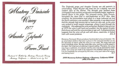 Monterey Peninsula Winery Amador Zinfandel Ferrero Ranch CA 1977 Wine Label