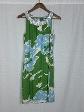 Tory Burch 100% Silk Sequin Neckline Shift Dress Green Blue Floral Sz 4