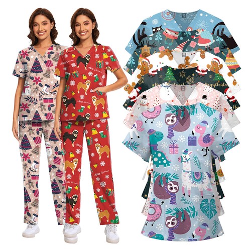 100% Cotton Unisex Cartoon Print V-Neck Scrub Tops - Short Sleeve for Women & Me - Picture 2 of 62