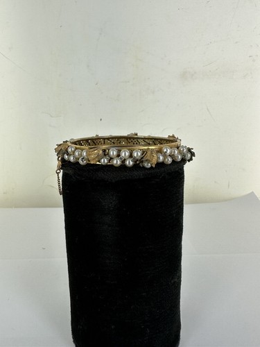 Vintage Miriam Haskell GP Hand Wired Bead Pearl Flower Cap Bangle Bracelet 7” - Picture 10 of 12