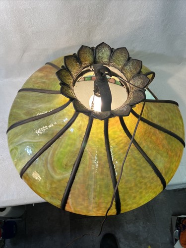 Antique Slag Glass Chandelier Shade, 12 Panels, Windmill/Tree/Homes Scenes 24" - Picture 8 of 13