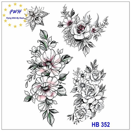 Peony Rose Flower Hand Drawing Sunflower Daisy Body Chest Waist Temporary Tattoo - Imagen 1 de 6