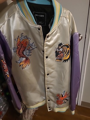 Reason Varsity Jacket Men s Large Ivory Purple Fearless Tattoo Art Bomber