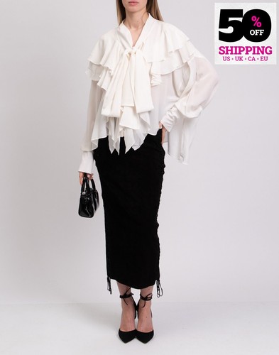 RRP €790 FAITH CONNEXION Silk Crepe Blouse Size M Ruffles Long Sleeves Bow Neck