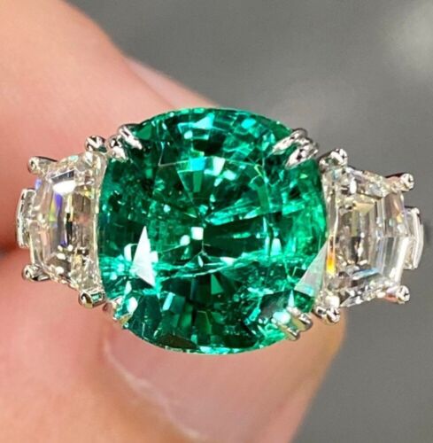 Platinum Engagement Ring Lab Created Diamond Cushion 6.50 Ct PT950 Green Emerald