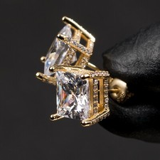 Fully Iced Men's Large Square Gold Plated 925 Sterling Silver Hip Hop Earrings