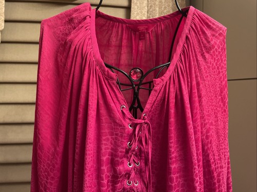 Jennifer Lopez Hot Pink Animal Print Long Sleeve Blouse Size 2X - Tie Front - Picture 2 of 13