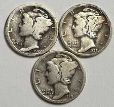 1920-S, 1927-S, 1928-S, SET OF 3 MERCURY DIMES, COINS SAME AS SHOWN IN PHOTO #25