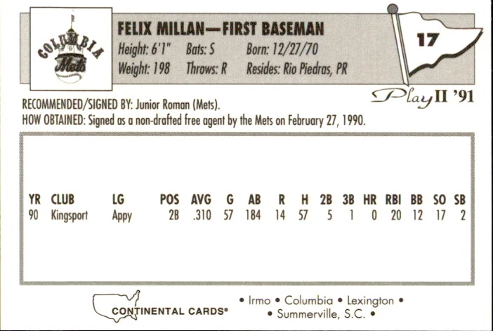 1991 Columbia Mets Play II #17 Bernie Millan Rio Piedras Puerto Rico PR Card - Image 2 of 2