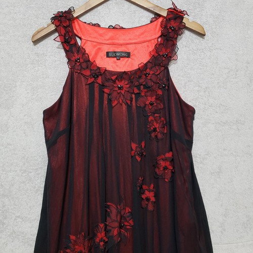 Sue Wong Dress 14 Short Beaded Floral Mesh Halter Black Red Lined Designer Retro - Picture 3 of 17