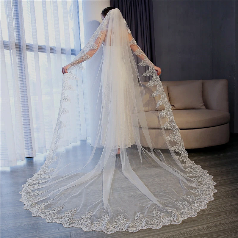 1pc Ivory-colored Long Lace Cathedral Veil