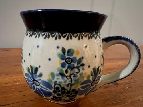 Unikat Polish Pottery Bubble Mug; Flowers; Poland; Hand Made; signed A. Damian