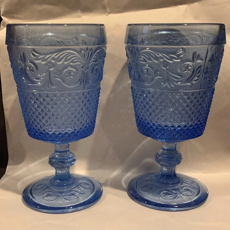 2 Crystal Blue Glass Goblets Anthropologie 5.75” X 3”