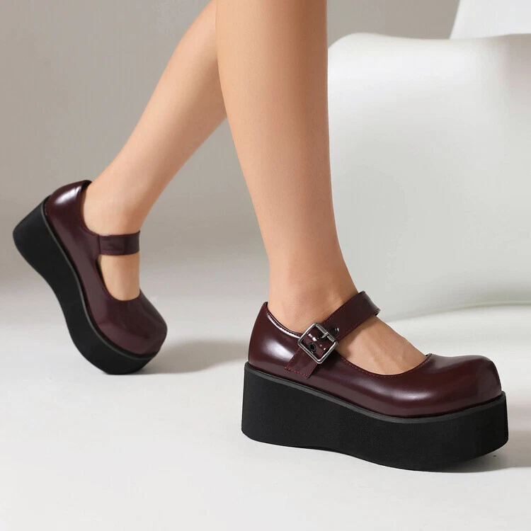 Womens Retro Ankle Strap Platform Wedge Heels Mary Jane Round Toe Preppy Shoes