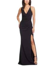 DRESS the POPULATION Jordan Black V-Neck Ruched Hi-Slit Maxi Gown XS 2/4 NEW