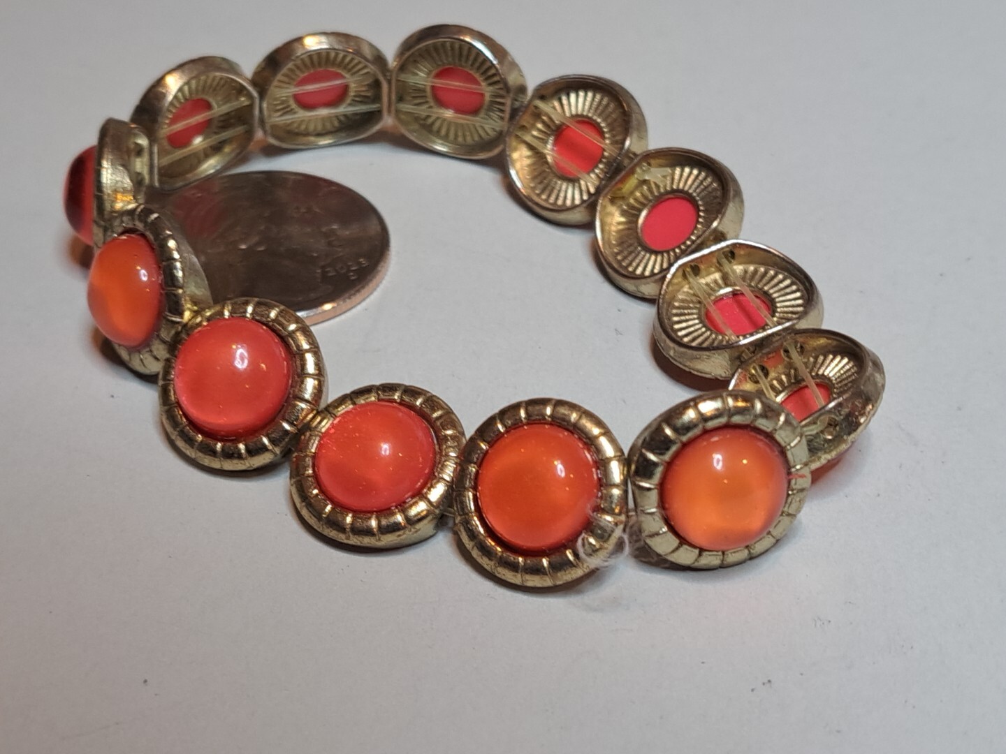 Goldtone Stretch Bracelet with Coral Red Glass Cabochons Vintage Bling-image