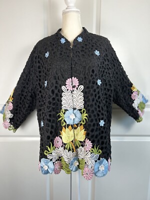 Vtg Queen Caro Of Honolulu Black Jacket Floral Embroidered Laser Cut Plus 2X