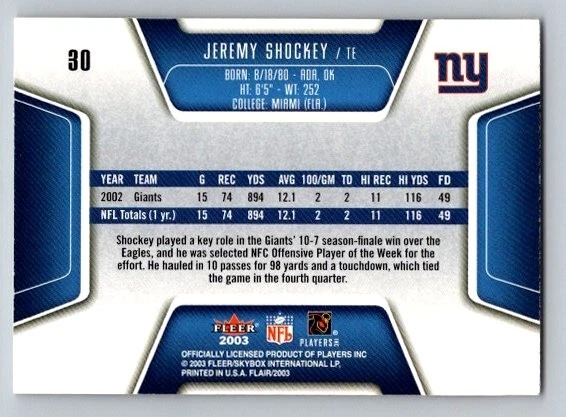 2003 Flair Jeremy Shockey #30 New York Giants - Image 2 of 2